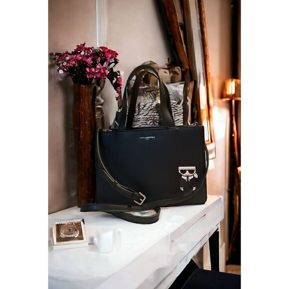 KARL LAGERFELD PARIS NWT MAYBELLE SATCHEL CROSSBODY BAG SHOULDER PURSE BLACK WIT - Picture 1 of 8